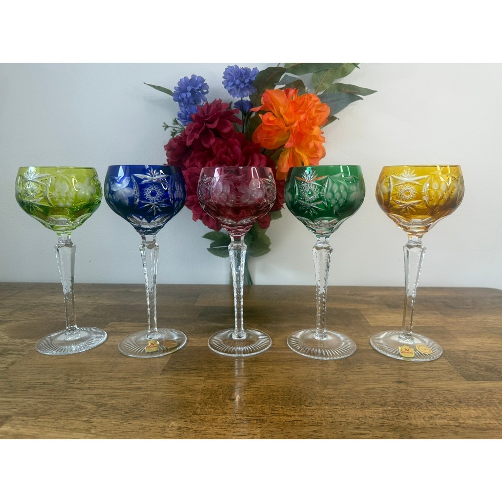 Nachtmann Bleikristall Cut Crystal Coloured Wine Glasses German Vintage Barware